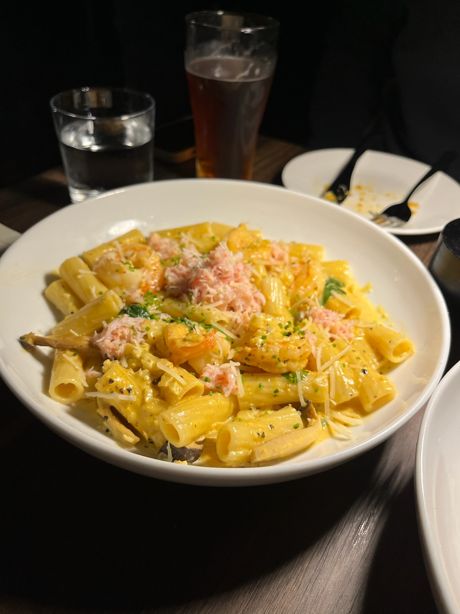 Crab and prawn rigatoni with salted duck yolk cream sauce and grana padano
