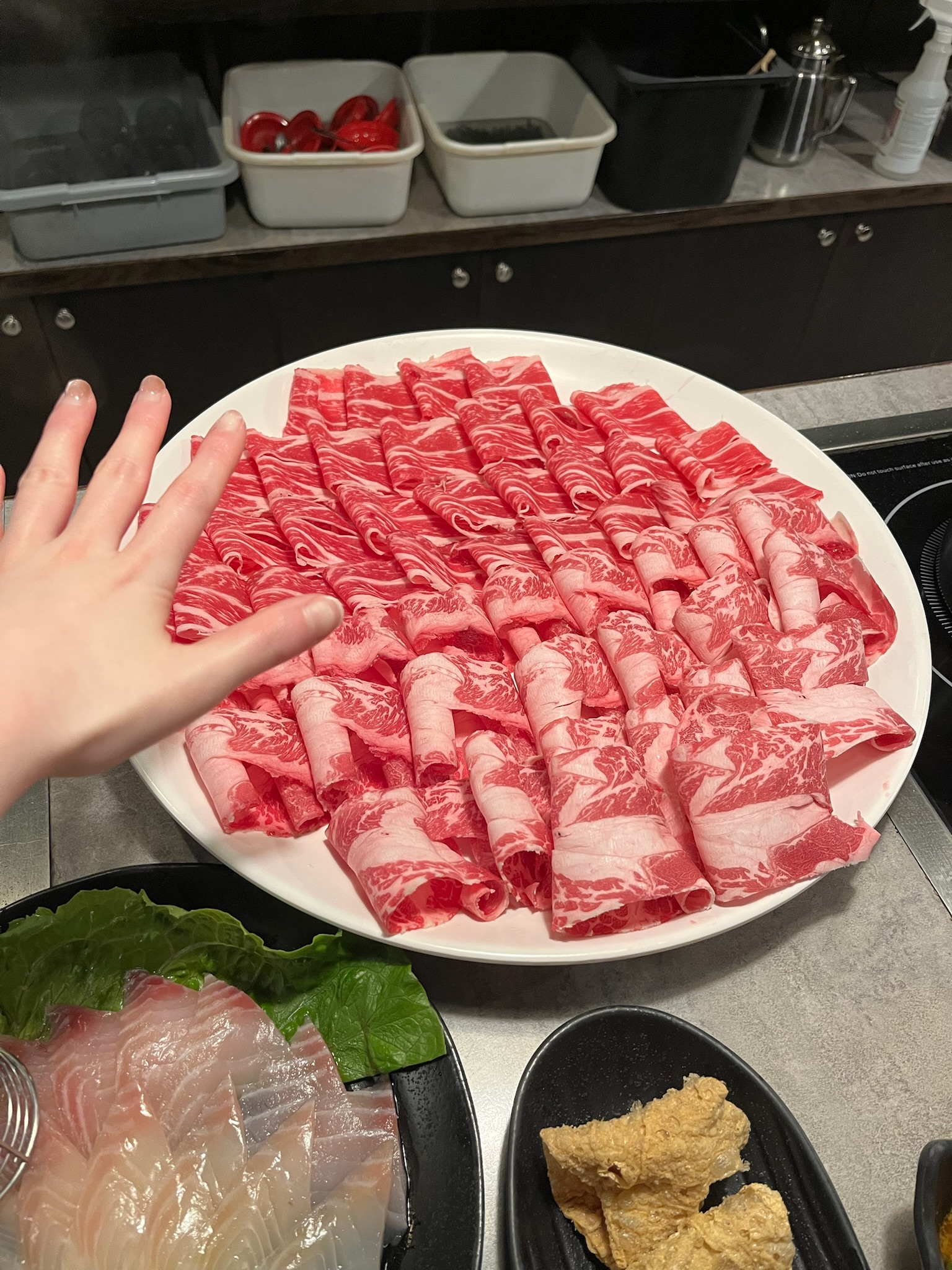 The full XL short rib platter, with hand in frame to show the scale